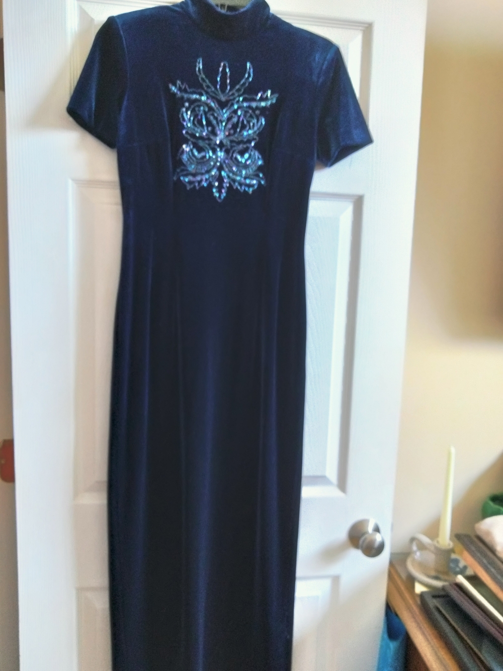 Donna Morgan Navy Velvet Maxi Dress with Beaded Chest Motif